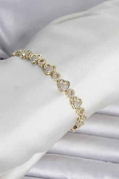 Pirinç Gold Renk Zirkon Taşlı Kalp Model Kadın Bileklik ürün görseli 1