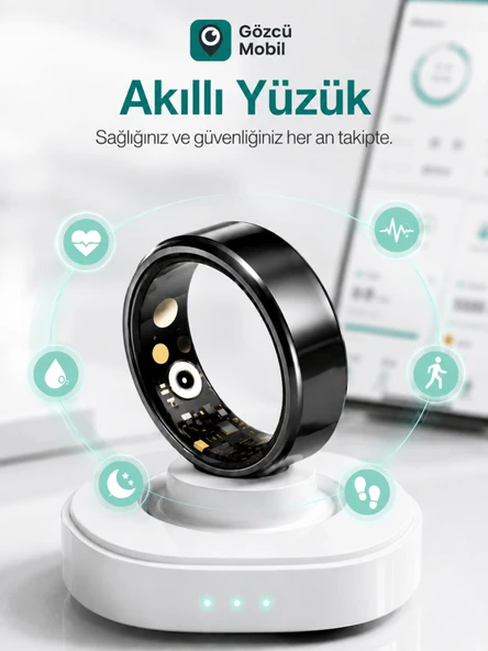 Gözcü Mobil Akıllı Yüzük Sağlık Egzersiz Takibi Adım Sayar Kalp Atışı Kan Basınç Oksijen Ölçer Su Takibi Adet Döngüsü Uyku Takibi Cihazı Suya Dayanıklı Siyah Renk ürün görseli 1