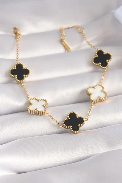 316L Çelik Gold Renk Siyah Beyaz Yonca Model Kadın Bileklik - TJ-BB5962 ürün görseli 1