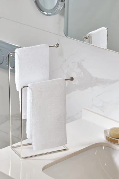 Parlak Silver 2 Kollu Banyo Tezgah Üstü Havluluk Standı, Montaj Gerektirmez Havlu Askılığı ürün görseli 1