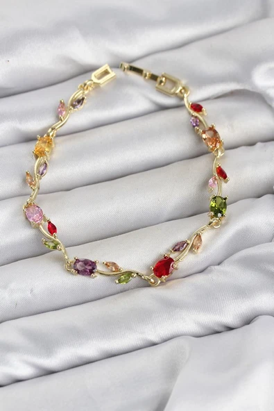 Pirinç Gold Renk Mix Renk Zirkon Taşlı Çiçek Model Kadın Bileklik TJ-BB8577 ürün görseli 1