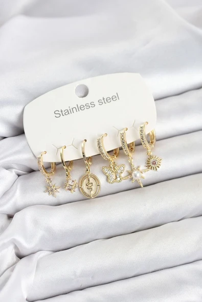 316L Çelik Gold Renk Zirkon Taşlı Charm Detaylı Kadın Küpe Seti TJ-BKP11878 ürün görseli 1