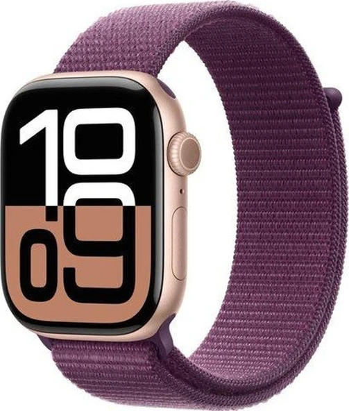 Apple Watch Series 10 GPS 46mm Roze Altın Rengi Alüminyum Kasa ve Kırmızı Erik Spor Loop Kordon Akıllı Saat ürün görseli 1