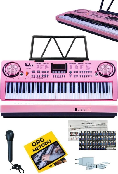 Midex PS-1500PK Başlangıç İçin 61 Tuşlu Org Pembe Renk Notalık Adaptör Mikrofon (100 Ses 100 Ritim) Teşhir ürün görseli 1