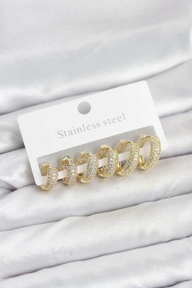 316L Çelik Gold Renk Zirkon Taşlı Halka Küpe Seti - TJ-BKP11520 ürün görseli 1