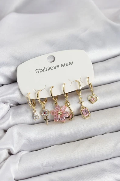 316L Çelik Gold Renk Pembe Zirkon Taşlı Lotus Detaylı Kadın Küpe Seti ürün görseli 1