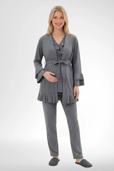 Mecit 6403 Füme Sabahlıklı Lohusa Pijama Takımı ürün görseli 1