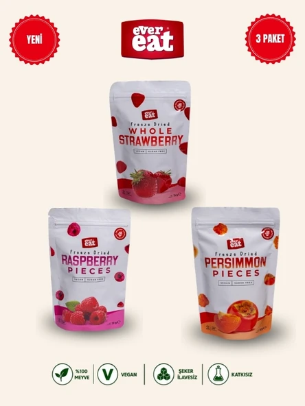 Evereat Çilek-Frambuaz-Cennet Hurması Freeze Dry Meyve Cipsi 3'lü Paket Doğal Atıştırmalık ürün görseli 1