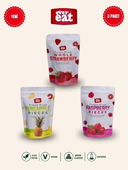 Evereat Çilek-Ananas-Frambuaz Freeze Dry Meyve Cipsi 3'lü Paket Gurme Atıştırmalık ürün görseli 1