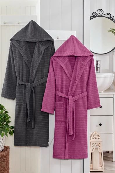 2 li Kapşonlu Unisex Banyo Bornozu Seti  %100 Soft Pamuklu ürün görseli 1