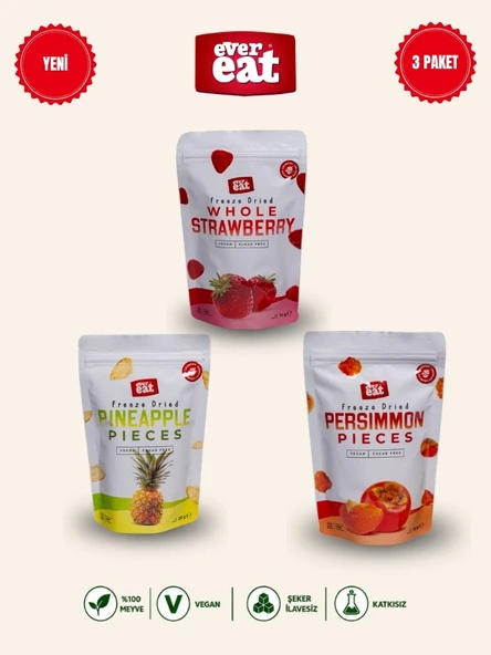 Evereat Çilek-Ananas-Cennet Hurması Freeze Dry Meyve Cipsi 3'lü Paket Doğal Atıştırmalık ürün görseli 1