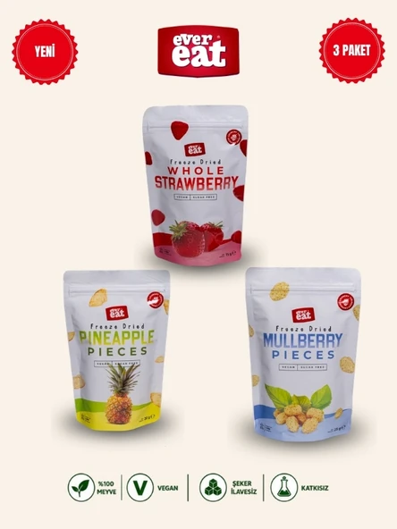 Evereat Çilek-Ananas-Dut Freeze Dry Meyve Cipsi 3'lü Paket Gurme Atıştırmalık ürün görseli 1