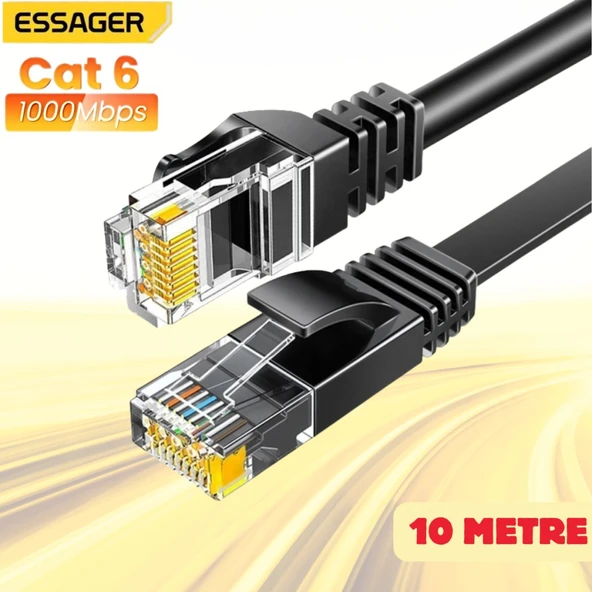 Essager 10 Metre CAT6 1000Mbps Süper Hızlı Gecikmesiz Ethernet Kablosu, 1Gbps Altın Kablama Uçlu İnternet Kablosu ürün görseli 1