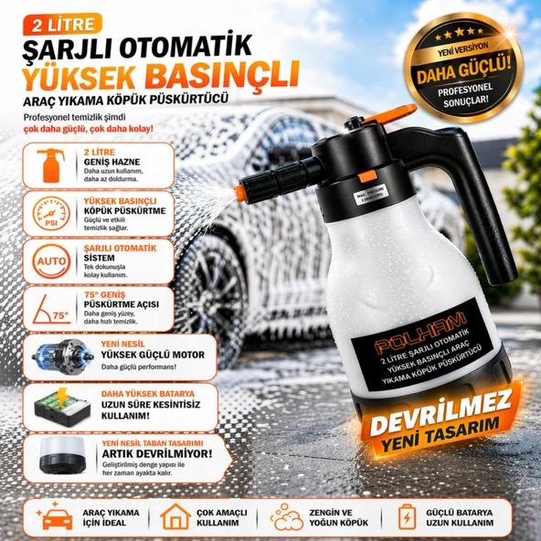 Polham 2 Litre Şarjlı Otomatik Yüksek Basınçlı Araç Yıkama Köpük Püskürtücü El Pompası, Çok Amaçlı Köpük Pompası ürün görseli 1