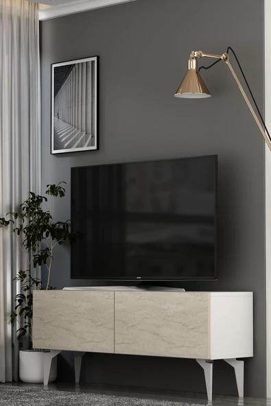 Dekortis Home Dekor 120DHDTS1BTG SADEM TV SEHPASI BEYAZ-TRAVERTEN-GÜMÜŞ ürün görseli 1