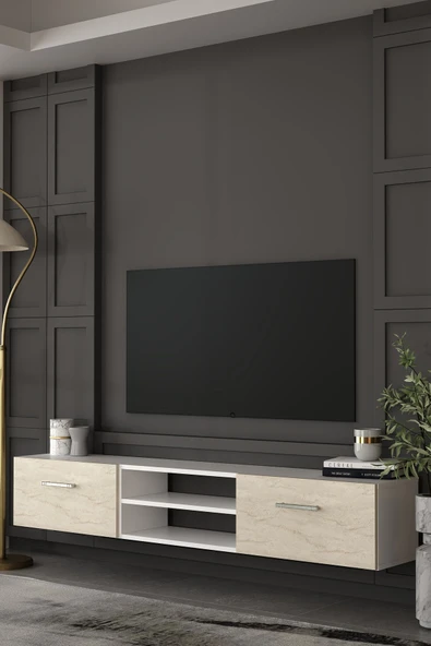 Dekortis Home Dekor 180DHDTDAR2BTG EROS DUVARA MONTE TV SEHPASI,ÜNİTESİ BEYAZ-TRAVERTEN-GÜMÜŞ ürün görseli 1
