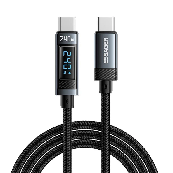 Essager 1 Metre 240W Dijital Ekranlı Type-C to Type-C Mega Hızlı Data Şarj Kablosu, Ultra Sağlam Halat Kablo Kopmaz ürün görseli 1