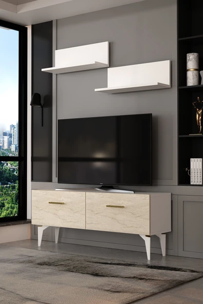 Dekortis Home Dekor 120DHDTÜR2BTA EROS RAFLI TV SEHPASI,ÜNİTESİ BEYAZ-TRAVERTEN-ALTIN ürün görseli 1