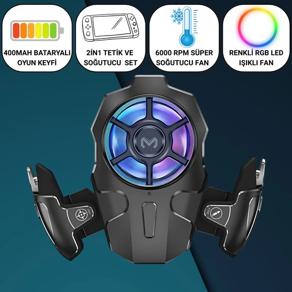 Polham RGB Işıklı 2si 1 Arada Oyun Tetik ve Telefon Soğutucu – 6000 RPM Süper Fan, 400mAh Batarya, PubG ve Call of Duty Uyumlu ürün görseli 1