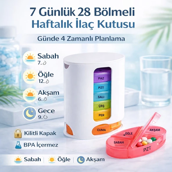 Polham 7 Günlük 28 Bölmeli Haftalık İlaç Kutusu – Kilitli Kapak, BPA İçermez, Günde 4 Zamanlı İlaç ve Takviye Düzenleyici ürün görseli 1