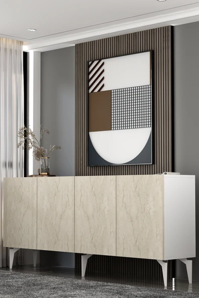 Dekortis Home Dekor KA180A1BTG SADEM KONSOL ve TV SEHPASI, ÜNİTESİ BEYAZ-TRAVERTEN-GÜMÜŞ ürün görseli 1