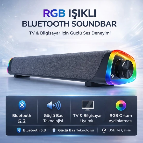 Polham RGB Işıklı Bluetooth 5.3 Soundbar Hoparlör | Güçlü Bas | Aux 3.5MM Giriş | TV & Bilgisayar Ses Sistemi ürün görseli 1