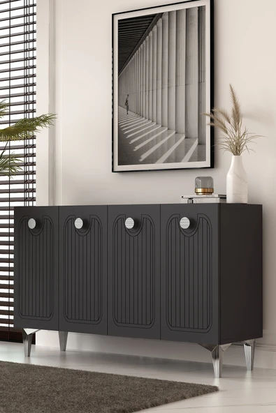 Dekortis Home Dekor 120DHDK3AG HERA LAZER DESENLİ KONSOL ve TV SEHPASI, ÜNİTESİ ANTRASİT-GÜMÜŞ ürün görseli 1