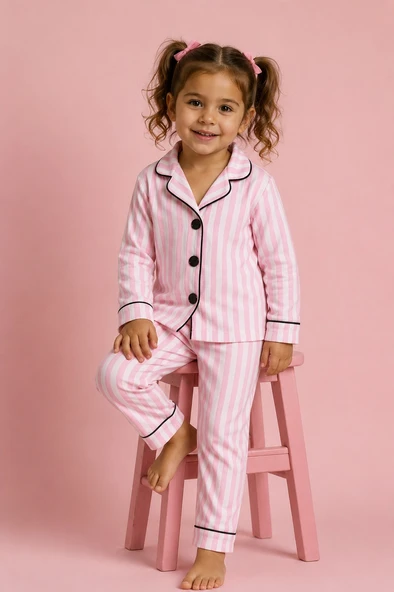Pembe Çizgili Kız Pijama Takımı ürün görseli 1