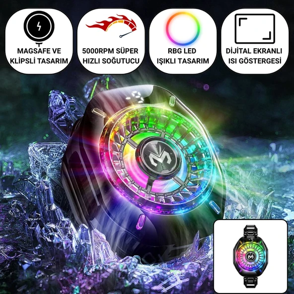 Polham MagSafe ve Klipsli Süper Hızlı Telefon Soğutucu | 5000RPM, RGB LED, Dijital Isı Göstergeli ürün görseli 1