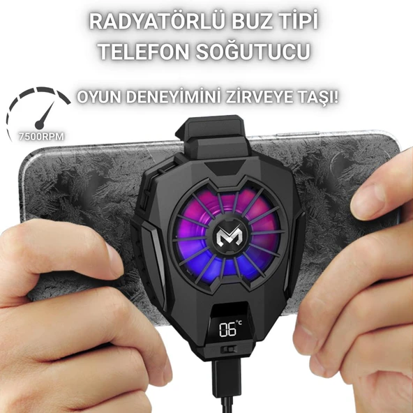 Polham 7500RPM Buz Tipi Radyatörlü Led Işıklı Telefon Soğutucu Fan, Sıcaklık Göstergeli Sessiz Soğutucu ürün görseli 1