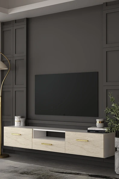 Dekortis Home Dekor 180DHDTDAÇ2BTA EROS DUVARA MONTE TV SEHPASI,ÜNİTESİ BEYAZ-TRAVERTEN-ALTIN ürün görseli 1