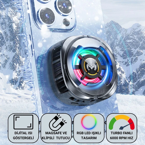 Polham MagSafe Uyumlu Telefon Soğutucu – Dijital Isı Göstergeli, RGB LED Işıklı, Turbo Fanlı 6000 RPM, Klipsli Tutucu ürün görseli 1