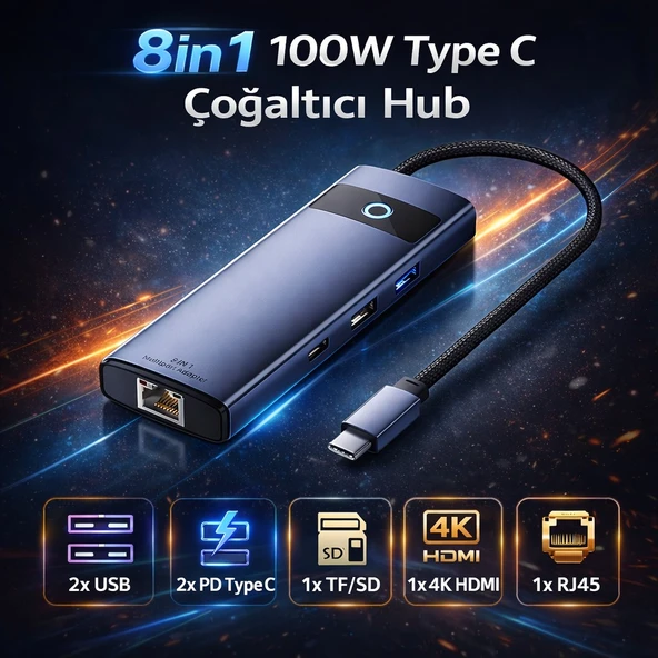 Polham 8in1 100W Type C Çoğaltıcı Hub, 2x USB, 2x PD Type C, 1x TF/SD, 1x 4K HDMİ, 1x RJ45 Çoğaltıcı Adaptör ürün görseli 1