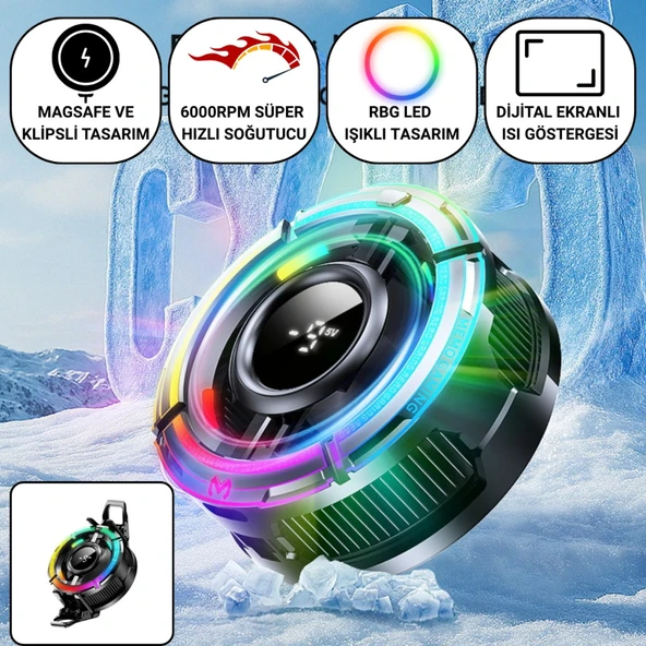Polham Magsafe ve Klipsli RGB LED Süper Soğutucu | 6000RPM Ultra Hızlı Fan | Dijital Ekranlı Isı Göstergeli ürün görseli 1