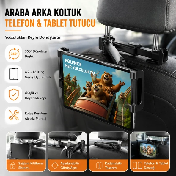 Polham Universal Araç Arka Koltuk Telefon ve Tablet Tutucu | 360° Dönebilen Telefon Standı Katlanabilir ürün görseli 1