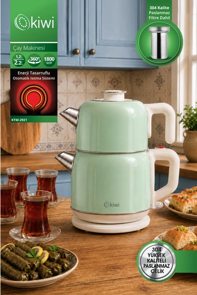 KTM-2921 Paslanmaz Çelik Çay Makinesi | 1800W & 2.2 L Su Isıtıcı & 1.2 L Demlik & 90°C Sıcak Tutma - Yeşil ürün görseli 1