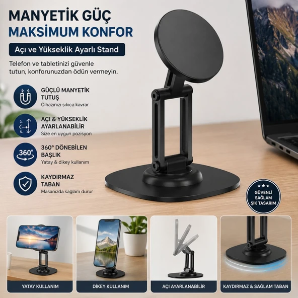 Polham Pro Seri Açı ve Yükseklik Ayarlı Manyetik Telefon ve Tablet Tutucu Stand, Kaydırmaz Masaüstü Dönebilen Stand ürün görseli 1