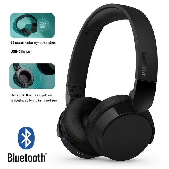 Philips Bluetooth 5.3 Mikrofonlu Kulak Üstü Kulaklık 55 Saat Uzun Pil Katlanabilir Güçlü Bas Hafif Gövde Günlük Ofis Siyah TAH4209BK ürün görseli 1