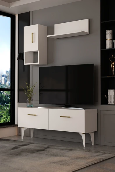 Dekortis Home Dekor 120DHDTDR2BA EROS RAFLI TV SEHPASI,ÜNİTESİ BEYAZ-ALTIN ürün görseli 1