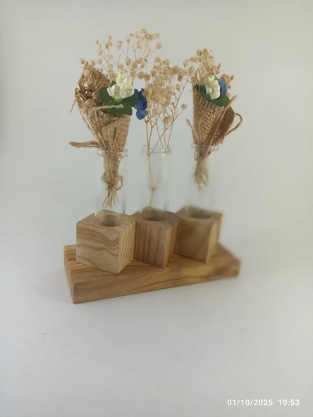 Woodile Doğal Zeytin Kökü ve Dişbudak Ahşap üçlü Deney Tüpü Kuru Çiçek Seti ürün görseli 1