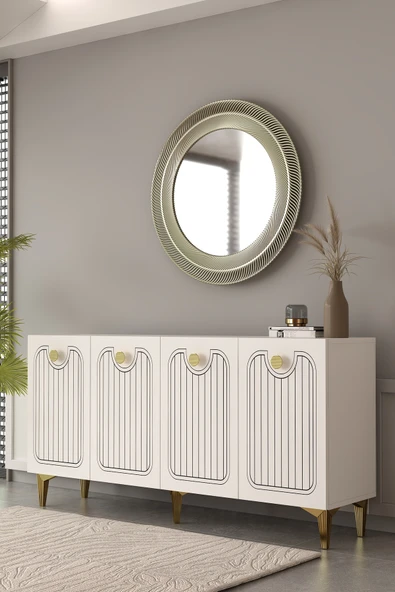 Dekortis Home Dekor 150DHDK3BA HERA LAZER DESENLİ KONSOL ve TV SEHPASI, ÜNİTESİ BEYAZ-ALTIN ürün görseli 1