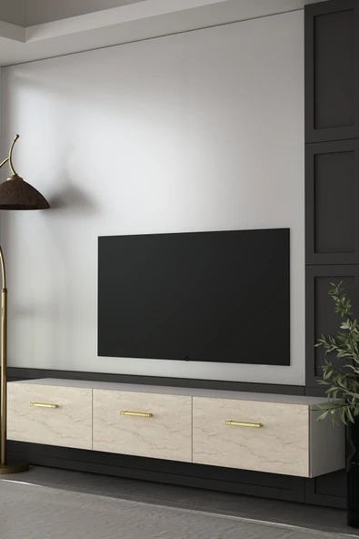 Dekortis Home Dekor 180DHDTDA2BTA EROS DUVARA MONTE TV SEHPASI,ÜNİTESİ BEYAZ-TRAVERTEN-ALTIN ürün görseli 1
