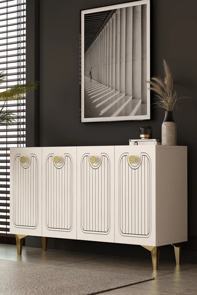 Dekortis Home Dekor 120DHDK3BA HERA LAZER DESENLİ KONSOL ve TV SEHPASI, ÜNİTESİ BEYAZ-ALTIN ürün görseli 1