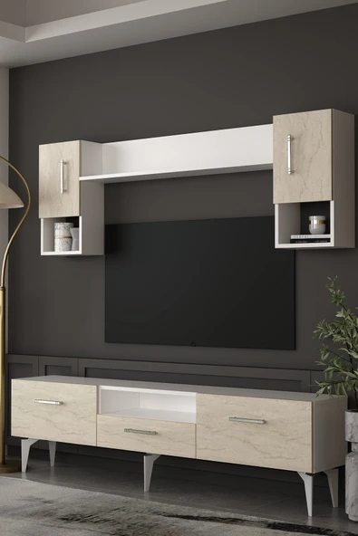 Dekortis Home Dekor 180DHDTÜÇ2BTG EROS TV ÜNİTESİ TAKIMI BEYAZ-TRAVERTEN-GÜMÜŞ ürün görseli 1