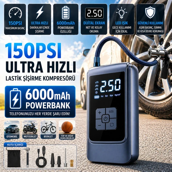 Polham 6000mAh Şarjlı 150PSİ Ultra Hızlı Lastik Şişirme Hava Kompresörü,Araç, Motosiklet, Bisiklet Pompası ürün görseli 1