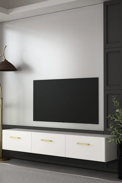 Dekortis Home Dekor 180DHDTDA2BA EROS DUVARA MONTE TV SEHPASI,ÜNİTESİ BEYAZ-ALTIN ürün görseli 1