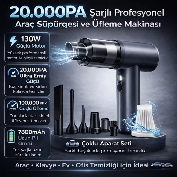 Polham 130W 20.000PA 7800Mah Şarjlı Profesyonel Araç Süpürgesi, Led Işıklı Oto Süpürge ve Üfleme Makinası ürün görseli 1