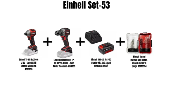 Einhell Set-53 (TP-CI 18/250-C Li BL Darbeli Vidalama+TP-CD 18/70-C Li BL Vidalama+Einhell 18V 4,0 Ah PXC Starter Kit, Akü & Şarj Cihazı+Einhell Kombi matkap ucu beton-ahşap-metal 16 parça) ürün görseli 1
