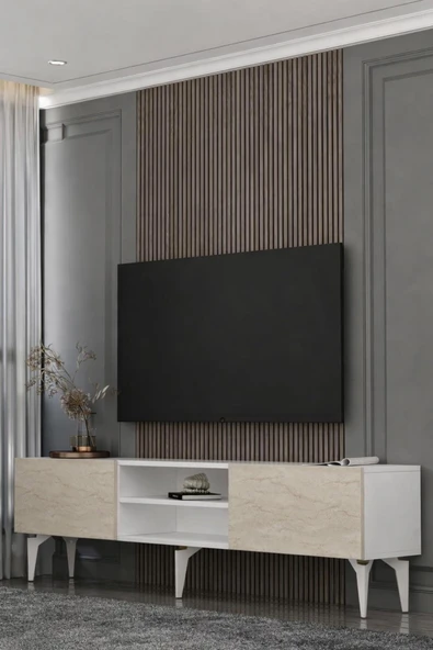 Dekortis Home Dekor 180DHDTSR1BTA SADEM TV SEHPASI,ÜNİTESİ BEYAZ-TRAVERTEN-ALTIN ürün görseli 1