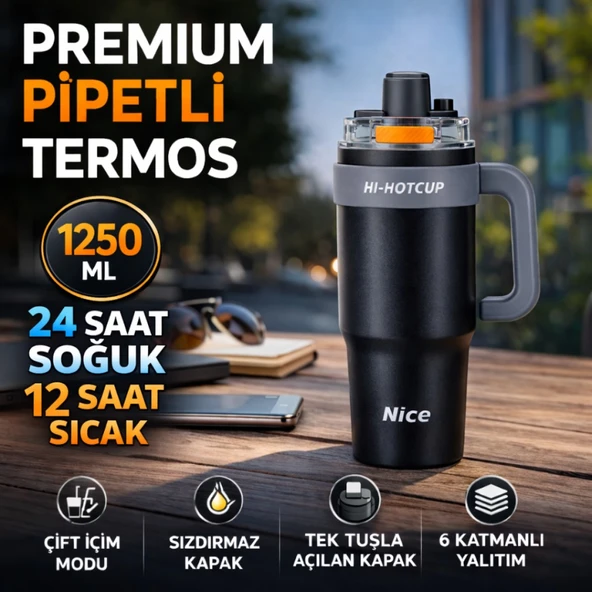 Polham Premium Pipetli Termos 1250 ML – 6 Katman Yalıtım, Çift İçim Modu, Sızdırmaz Kapak, 24 Saat Soğuk / 12 Saat Sıcak ürün görseli 1